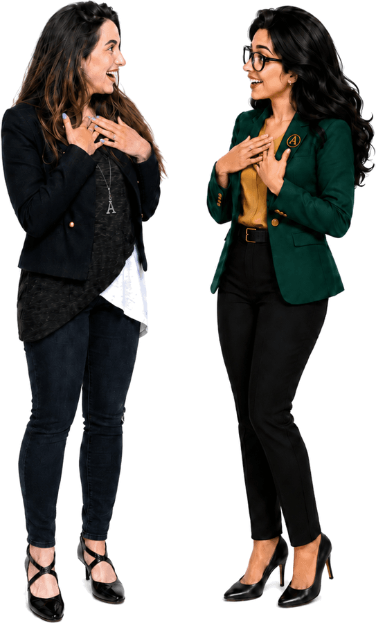 On the left, Maria Luiza — flesh and blood, CleanerFlow co-founder, 20 years of cleaned houses across three countries. On the right, Malu — the illustrated mentor who walks with you inside the app.