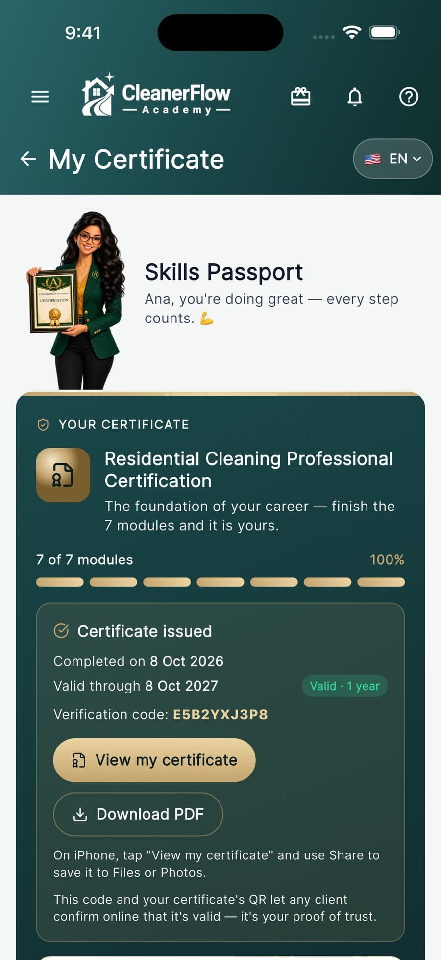Your name, and a QR your client checks on the spot.