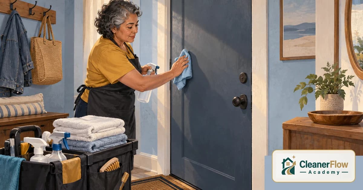 A cleaner wipes down the front door of a rental with a spray bottle and cloth, a cart of fresh towels and supplies beside her.