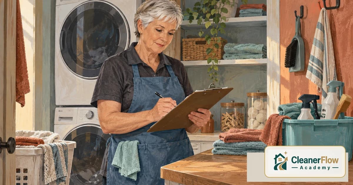 A cleaner in a denim apron writes on a clipboard in a laundry room, next to a stacked washer and dryer and a bin of supplies.