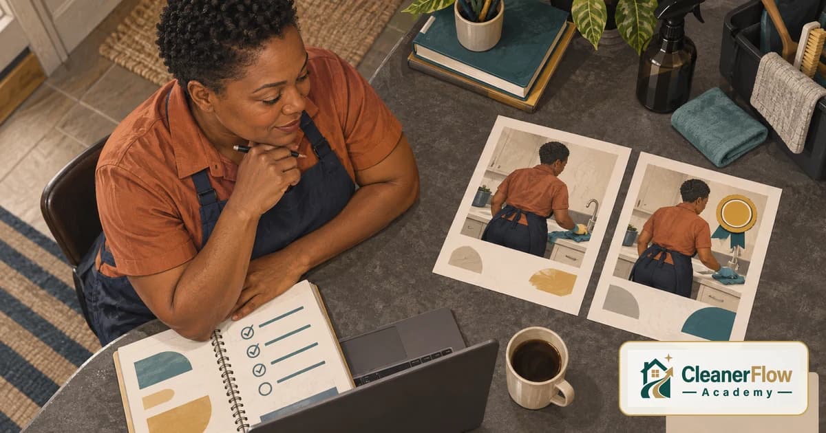 A cleaner at a table looks at two pictures of herself cleaning a kitchen, one with a certificate seal, next to a checklist and coffee.