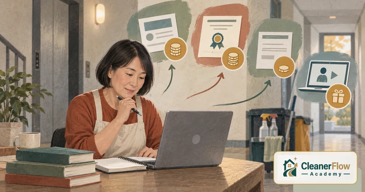 A cleaner in an apron researches on a laptop, with floating icons of certificates with coin costs and an online video course.