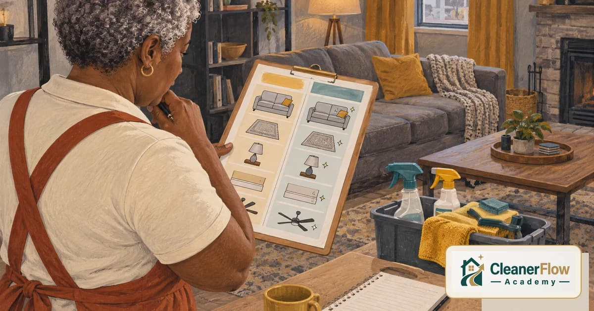 A cleaner in a living room studies a clipboard comparing a standard clean and a deep clean for the sofa, rug, lamp, baseboards and fan.