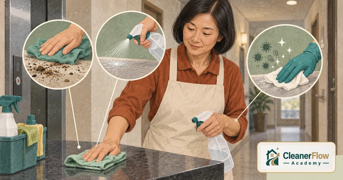 A cleaner wipes a counter with spray and cloth, with close-ups showing dirt removed first, then spray, then a gloved wipe killing germs.