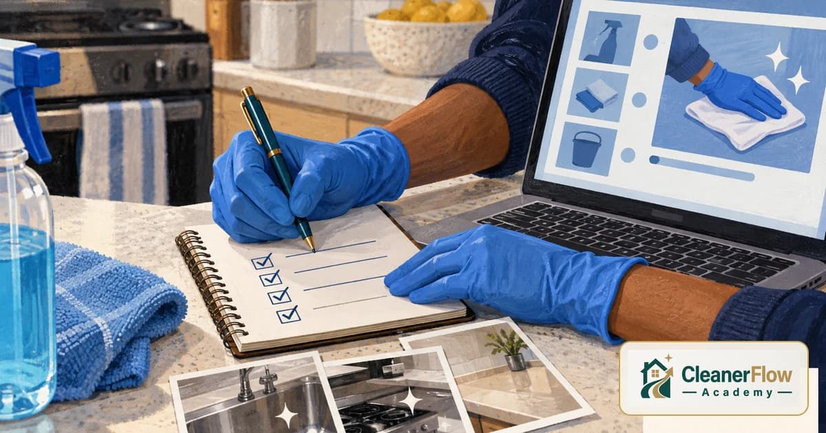 Gloved hands check off a list in a notebook next to a laptop showing cleaning steps, with photos of a clean kitchen on the counter.