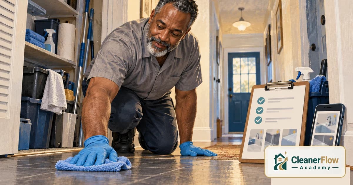 A cleaner in gloves wipes a hallway floor on hands and knees, beside a clipboard checklist and a phone showing a clean sink.