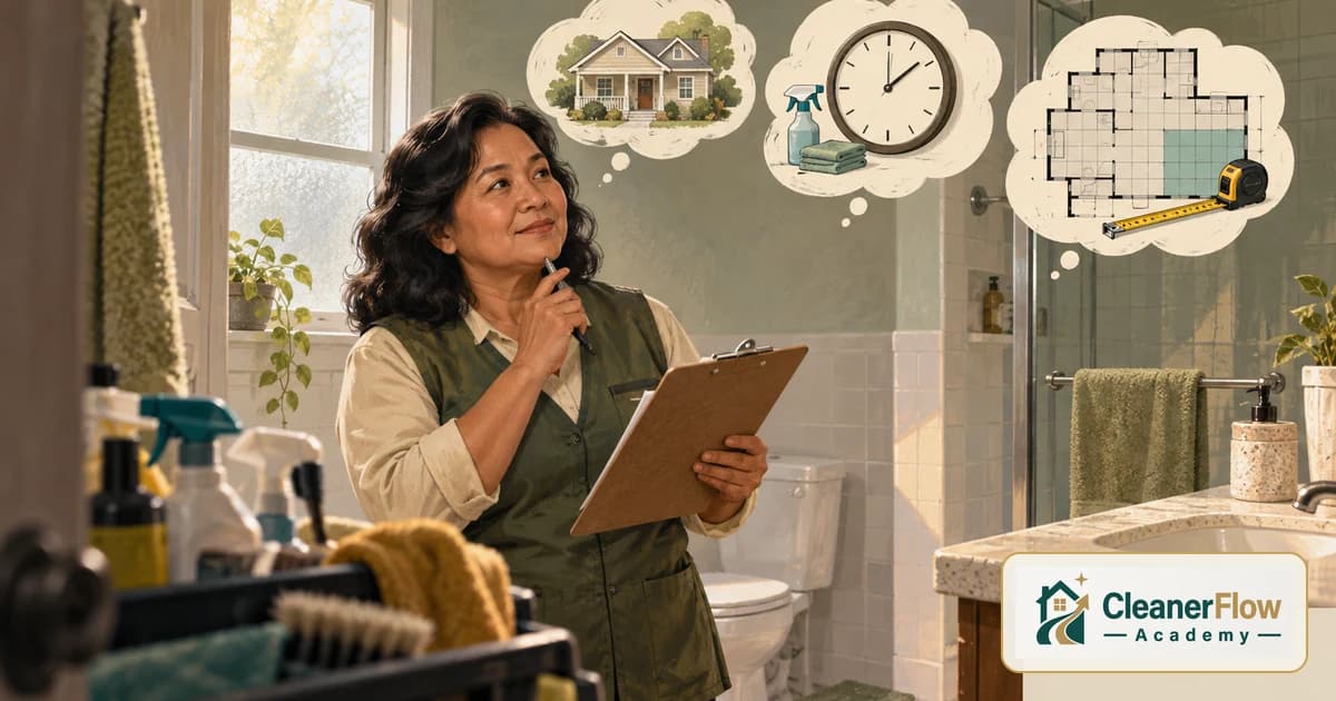 A cleaner in a bathroom holds a clipboard and weighs pricing, with thought bubbles of a house, a clock and a measured floor plan.