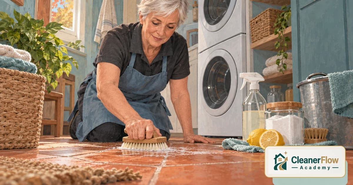 A cleaner scrubs a tile floor with a brush and baking soda, with lemons, a jar of powder and a vinegar spray bottle nearby.