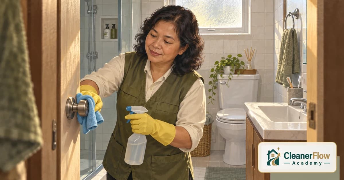 A cleaner in yellow gloves wipes a bathroom door knob with a blue cloth and a spray bottle, one of the most touched surfaces.