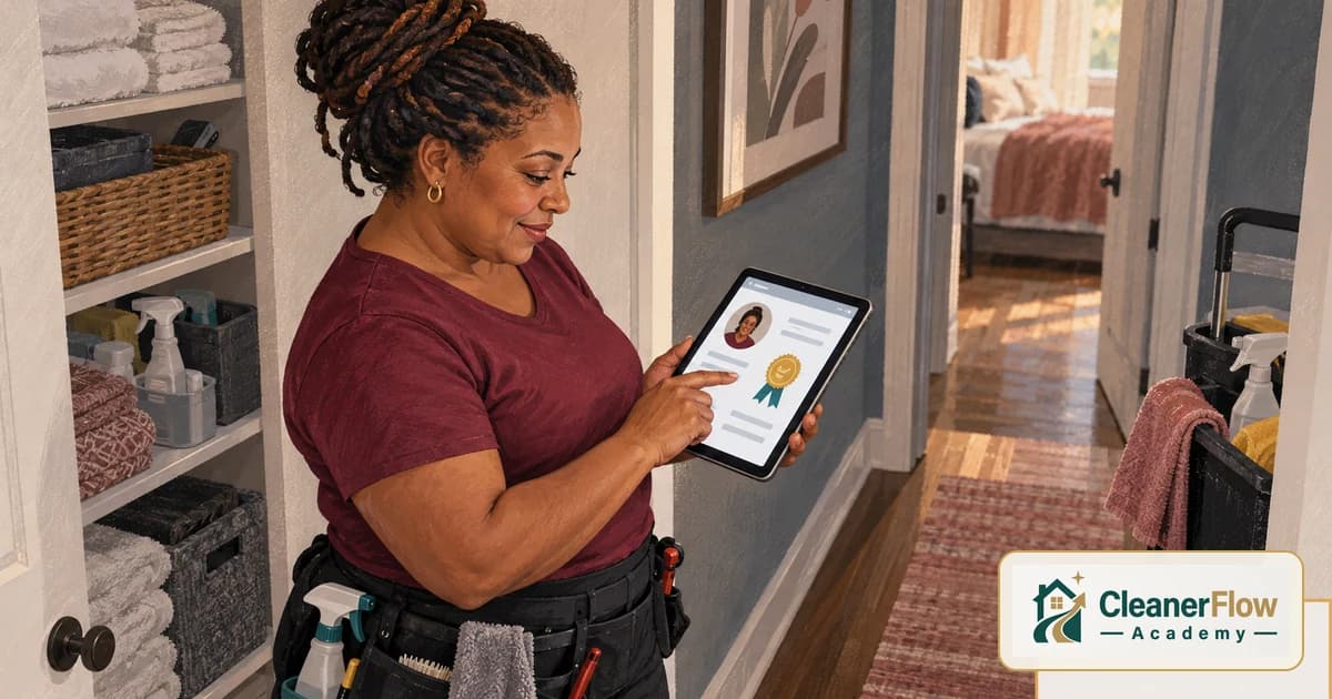 A cleaner in a tool belt taps a tablet showing her profile with a certificate badge, standing by a linen closet in a hallway.