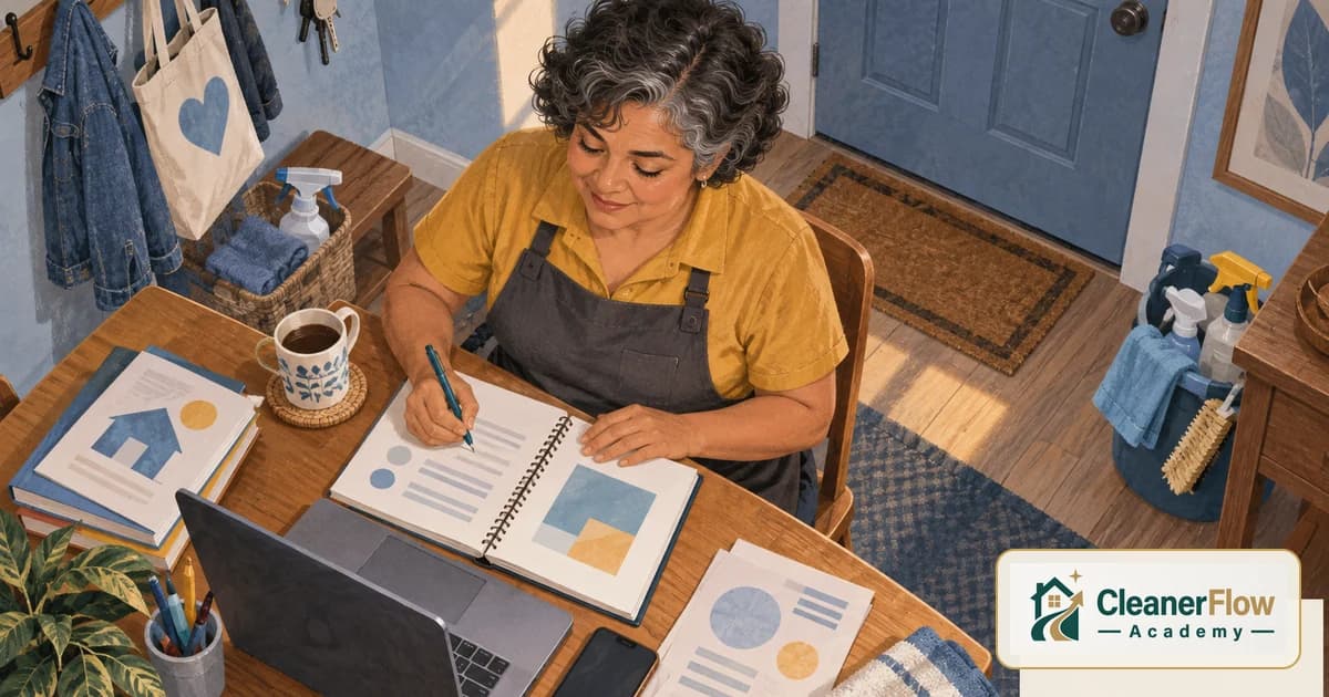A house cleaner writes notes in a notebook at a table with a laptop, printed pages and a cup of coffee.