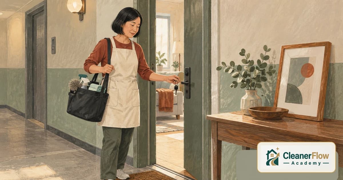 A cleaner carrying a bag of supplies opens a client's apartment door with a key to start the job alone.