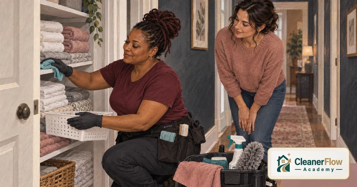 A cleaner in gloves wipes dust from linen closet shelves stacked with towels while the client watches from the hall.