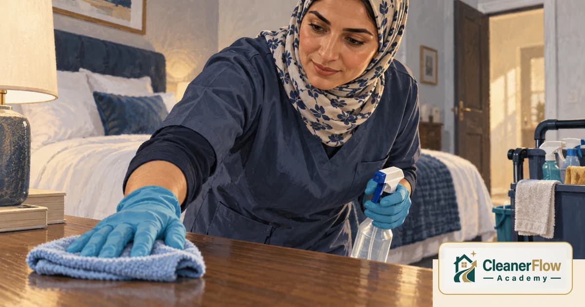 A cleaner in gloves wipes a wooden dresser top with a microfiber cloth and spray bottle, her cart ready in the bedroom.