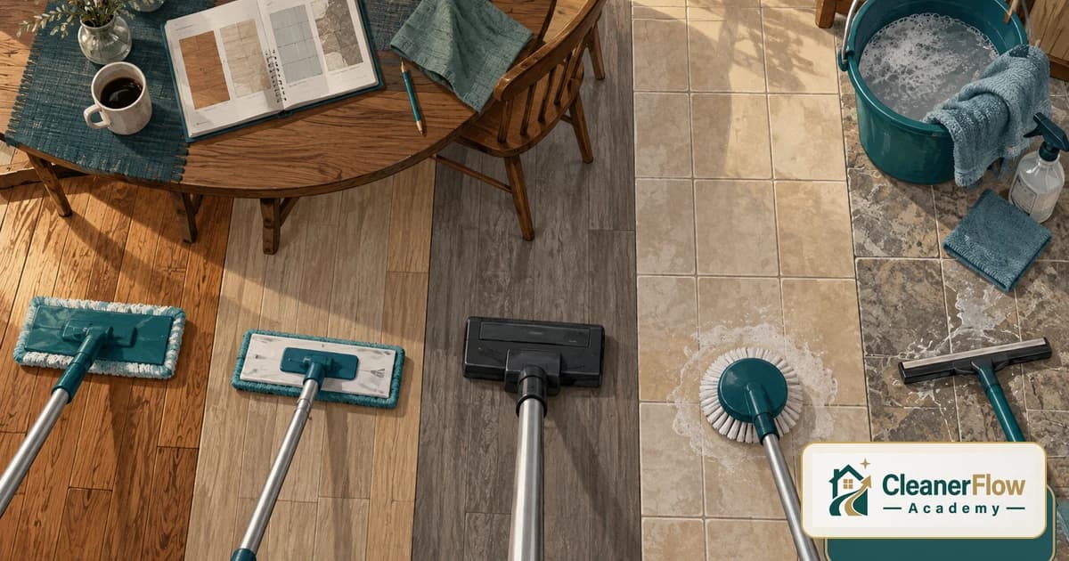 Overhead view of hardwood, laminate, vinyl, tile and stone floors, each paired with its own mop, vacuum head or scrub brush.