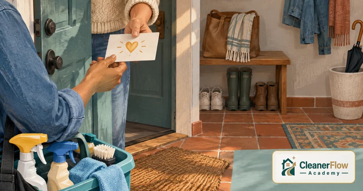 A client at the front door hands a cleaner a thank-you card with a heart, while the cleaner holds a caddy of supplies.