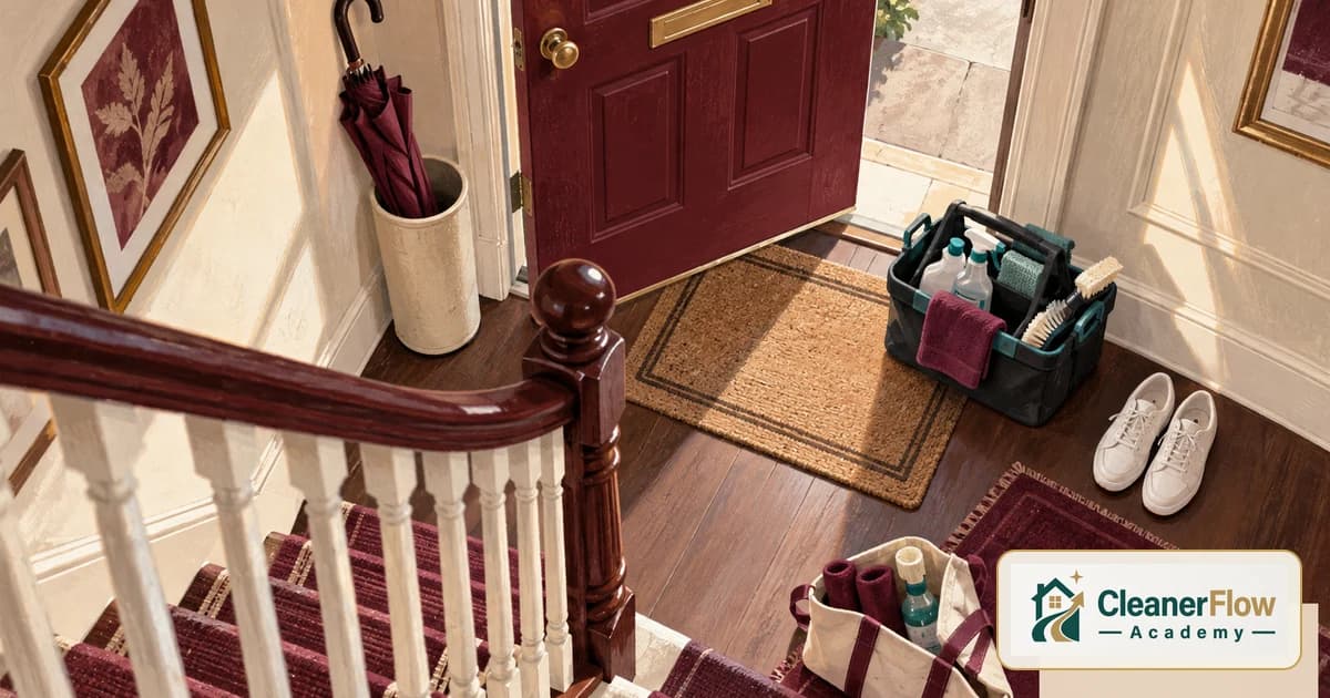 A caddy of cleaning supplies waits by the open front door of a home, next to sneakers and a tote bag at the foot of the stairs.