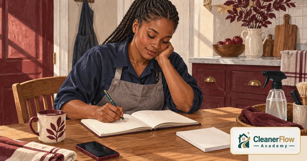 A cleaner in an apron smiles as she writes in a notebook at a kitchen table, next to a coffee mug, her phone and a stack of cards.