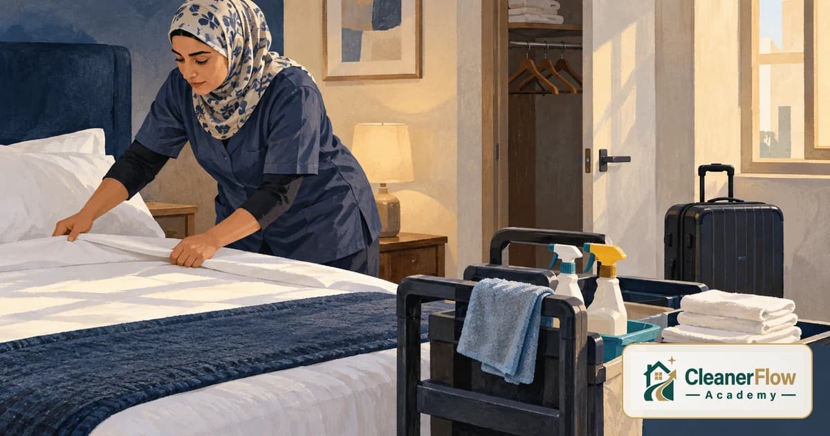 A cleaner smooths white sheets on a bed beside a cleaning cart with folded towels, with a suitcase standing by the door.