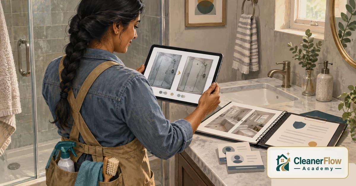 A cleaner in a bathroom holds a tablet showing before and after shower photos, beside a portfolio binder and business cards.