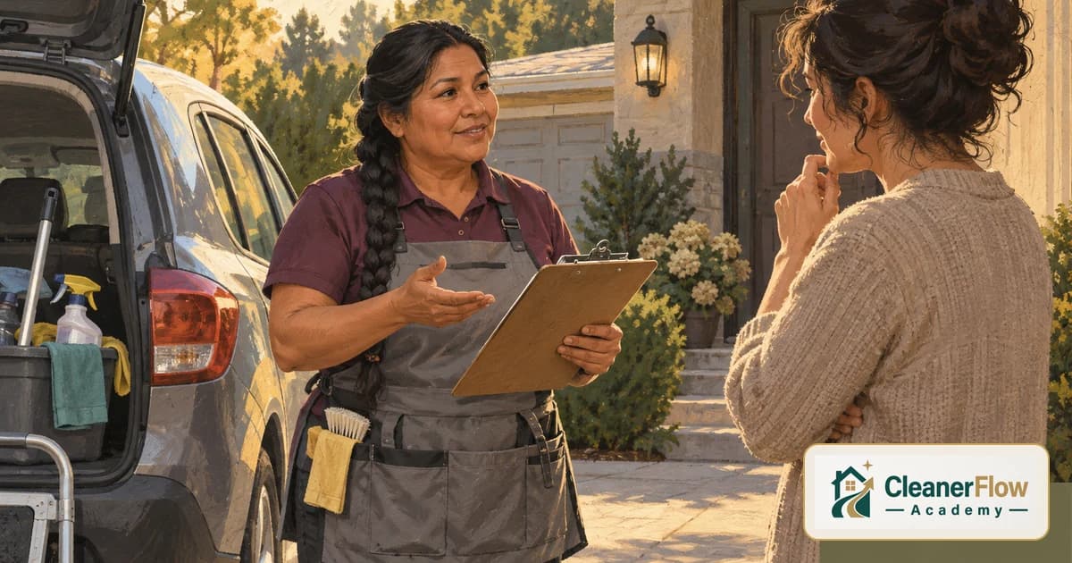 A cleaner with a clipboard talks with a client outside the front door to quote a cleaning job, her car trunk full of supplies.