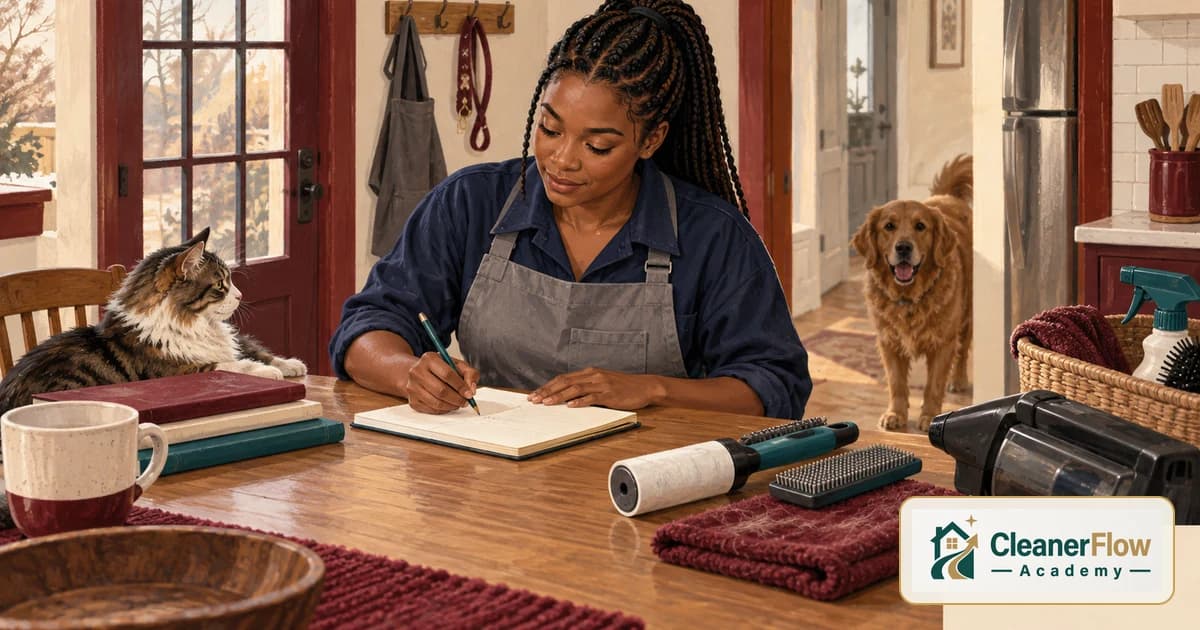A cleaner writes in a notebook at a kitchen table beside a lint roller, pet brush and handheld vacuum, with a cat and dog nearby.