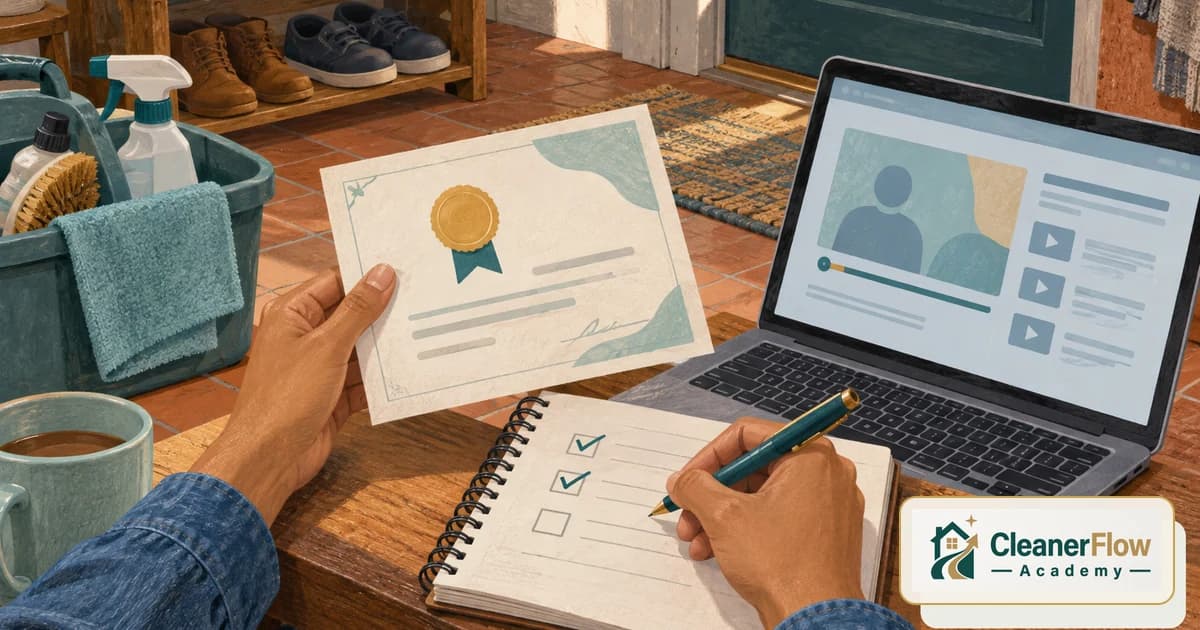 Hands hold a certificate with a gold seal and check off a notebook list next to a laptop showing video lessons and a supply caddy.