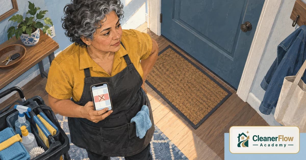 A cleaner stands at a client's front door holding a phone that shows a calendar with a canceled day, her supply cart beside her.
