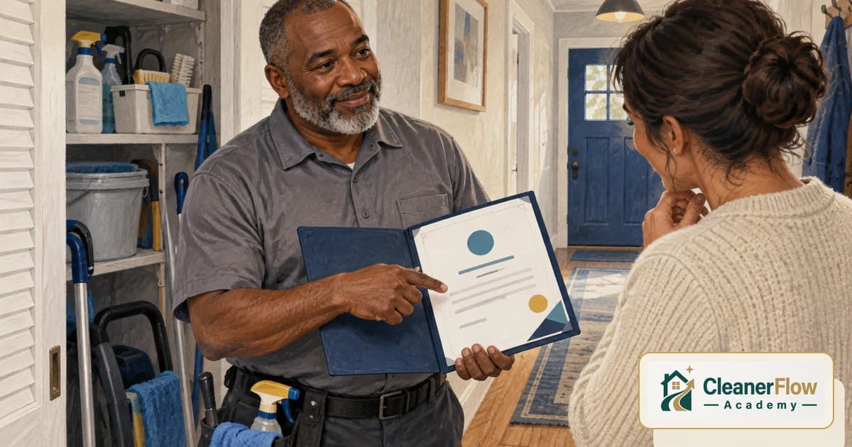 A cleaning professional opens a folder and points to his certificate while a new client looks on in the home's hallway.