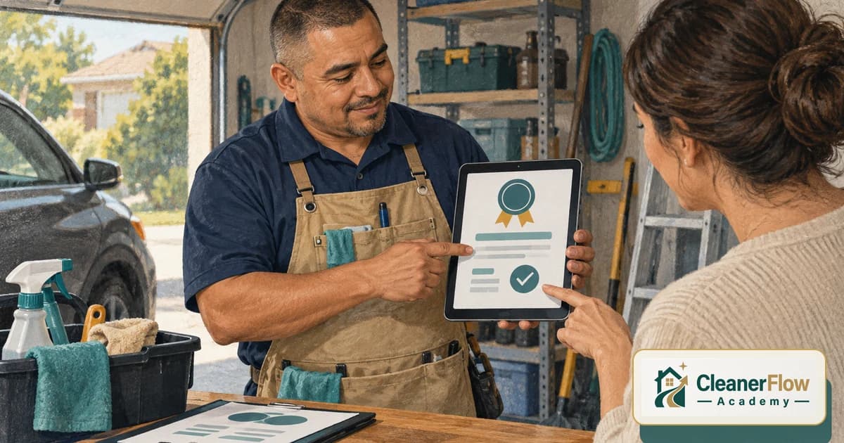 A cleaning professional shows a client a tablet with a certificate and a check mark as she points to the screen in a garage.
