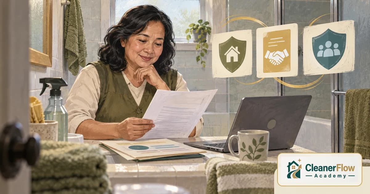 A house cleaner reads documents at a table with a laptop, beside icons of a house shield, a handshake and a group shield.