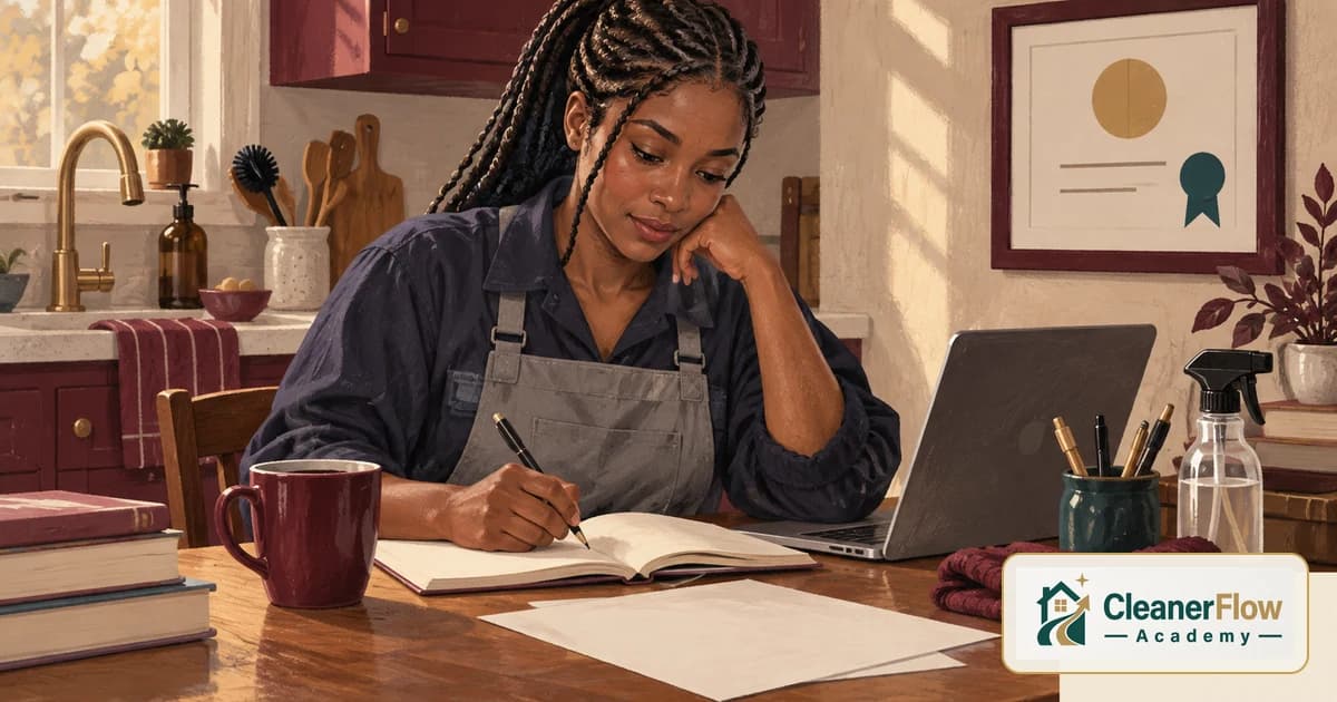 A cleaner writes in a notebook at the kitchen table with a laptop open, a framed certificate hanging on the wall behind her.