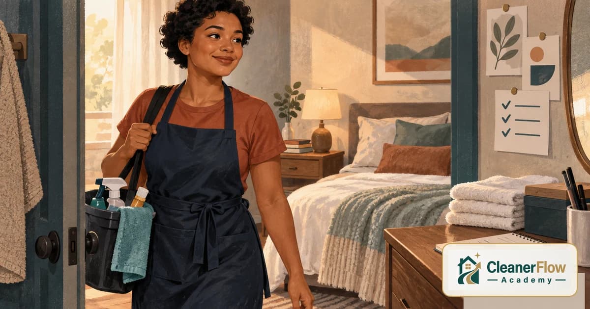 A smiling cleaner carries her supply caddy out of a tidy bedroom, with folded towels and a checklist pinned to the wall.