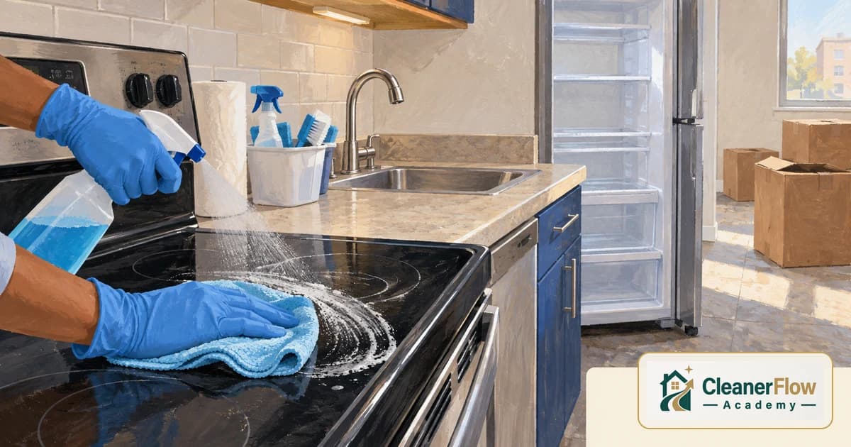Gloved hands spray and wipe a glass cooktop in an empty kitchen, with an open bare fridge and moving boxes nearby for a move-out clean.
