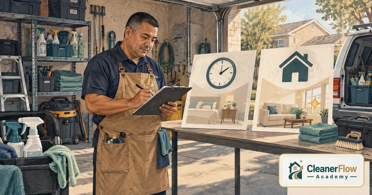 A cleaner in an apron writes on a clipboard in a garage, next to two boards showing a clock and a house, comparing hourly and per-job pricing.