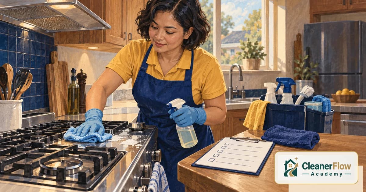 A cleaner in blue gloves wipes a gas stovetop in a bright kitchen, with a supply caddy and a checklist on a clipboard on the counter.
