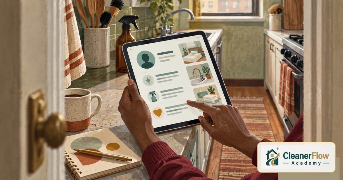 Hands scroll a tablet showing a cleaner profile with photos of a tidy bedroom, sink and living room, beside a coffee mug on a kitchen counter.