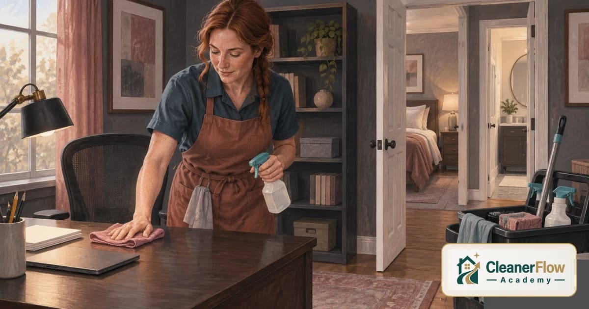 A cleaner dusts a wooden desk in a home office, with a cleaning cart by the door and the next rooms, a bedroom and bath, waiting beyond.