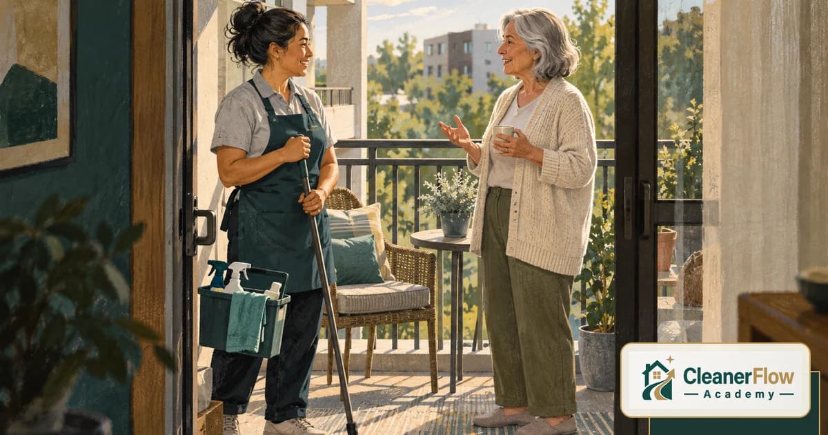 A cleaner holding a mop and supply caddy chats with a client holding a mug at the doorway of a sunny apartment balcony.