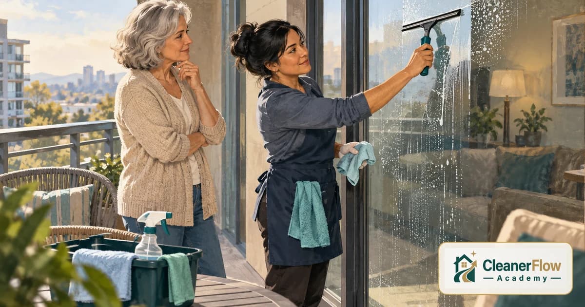 A cleaner runs a squeegee down a soapy glass balcony door to leave it without streaks while the client watches from the sunny terrace.