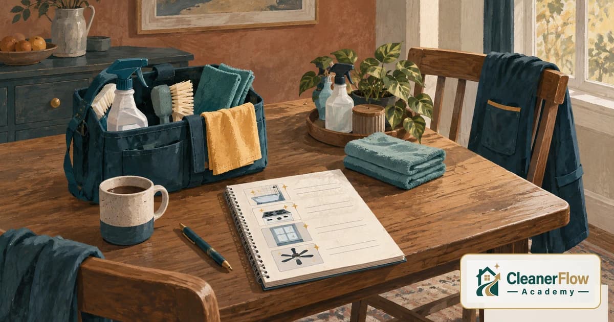 A notebook listing extra services like oven, window and ceiling fan cleaning lies on a wooden table beside a supply caddy and coffee.