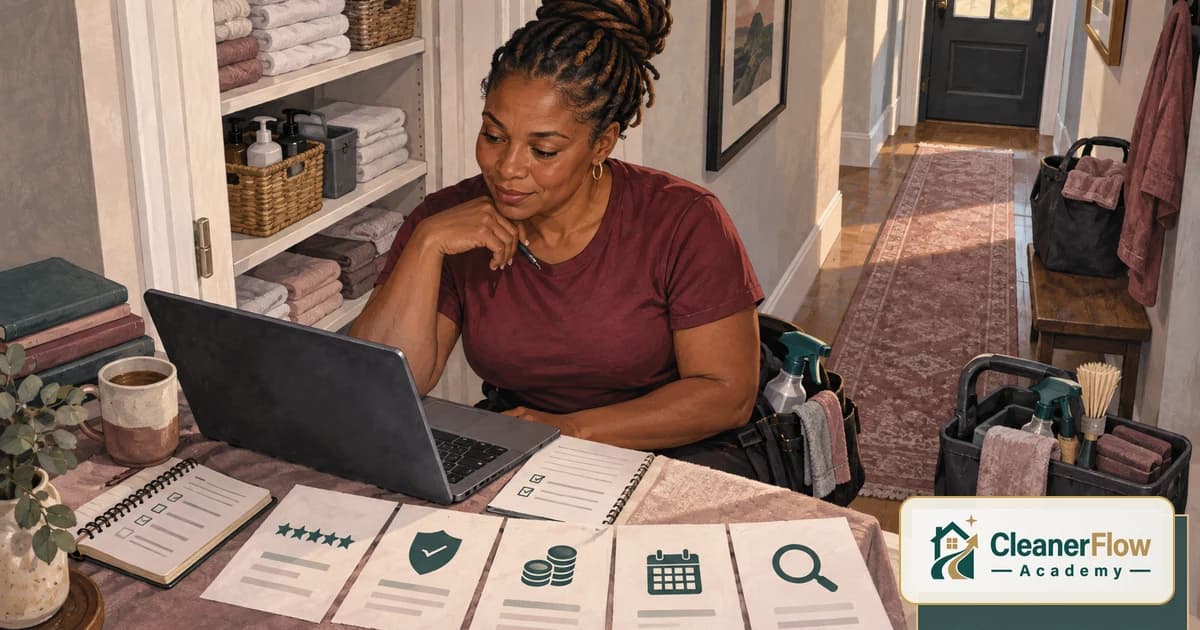 A cleaner reviews her laptop at a table spread with cards showing reviews, insurance, pricing, a calendar and search, the points clients check.