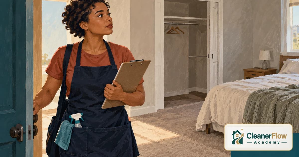 A cleaner with a clipboard steps into an empty bedroom with a bare closet, sizing up the space before quoting a move-out clean.