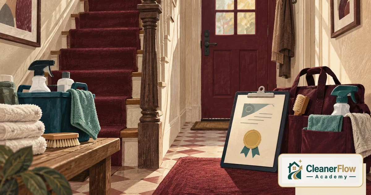 A certificate with a gold seal on a clipboard rests against a work bag in a home entryway, beside a caddy of cleaning supplies and towels.