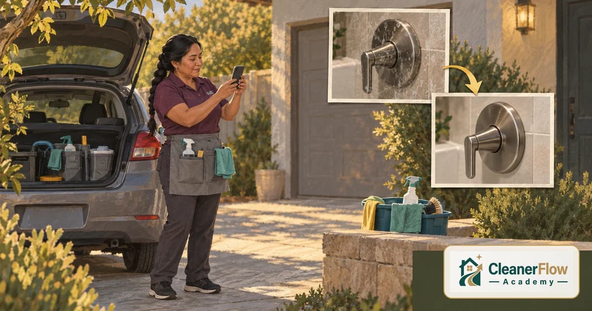 A cleaner in a driveway takes a phone photo, with before and after close-ups of a shower valve that show no client details.