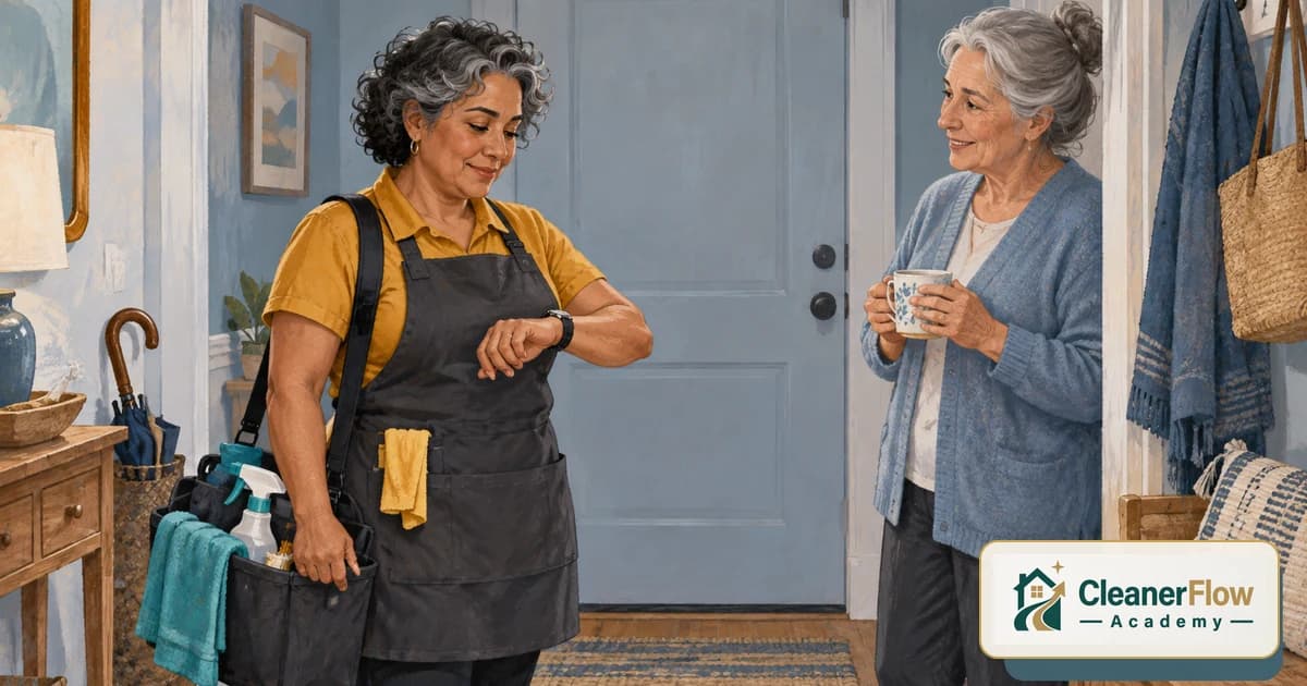 A cleaner with a supply caddy checks the time in a front hallway while the client stands nearby holding a mug of coffee.