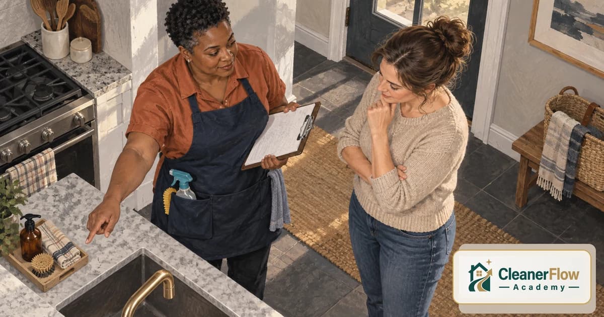 A cleaner with a clipboard points at the kitchen sink while talking a client through the job, a spray bottle tucked in the apron.