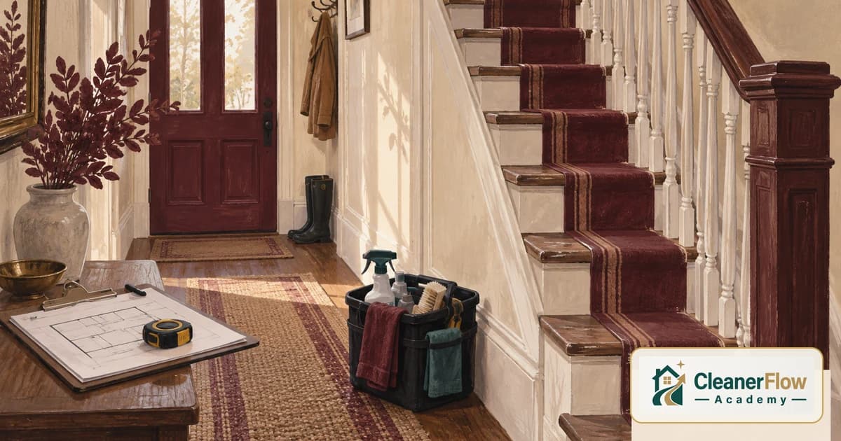 A house entryway with a staircase, a caddy of cleaning supplies, a tape measure and a floor plan on a clipboard ready for a quote.