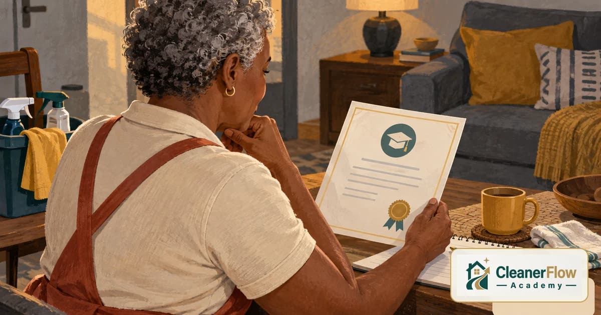 A cleaner in an apron sits at a living room table reading a certificate with a ribbon seal, next to a cup of coffee and a notebook.
