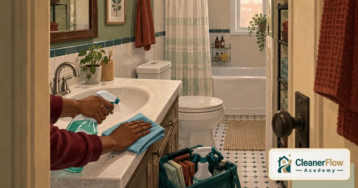 A cleaner sprays and wipes a bathroom vanity with a blue microfiber cloth, with a caddy of supplies on the tiled floor.